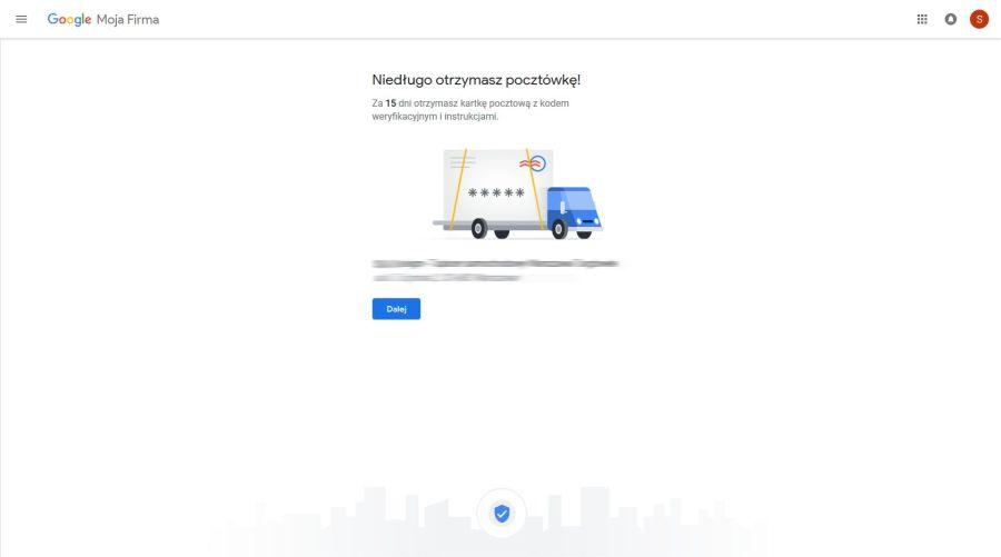 Komunikat przy rejestracji w Google Moja Firma